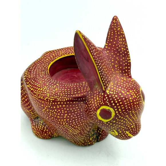 Oaxacan Mexican Stone Hand Painted Signed Bunny Rabbit Tea Light Heavy - Picture 9 of 10